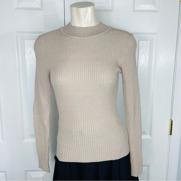 PRIMARK ribbed woven knit long sleeve top neutral color taupe cream XS - Picture 7 of 7